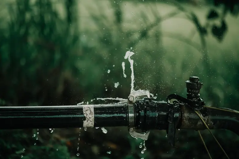Water spraying from a split pipe in a garden