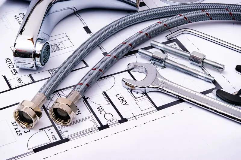Braided flexible water hoses and spanners laid on a plumbing drawing