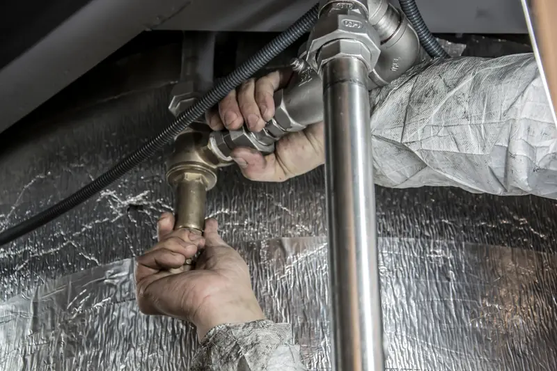 Hands tightening brass fittings on the supply pipes under a basin
