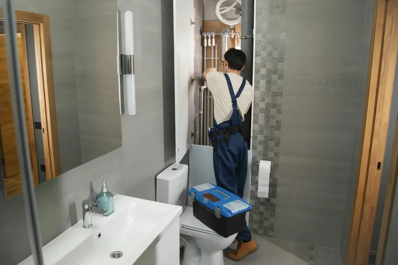 A plumber in work overalls fixing supply pipes behind an opened bathroom panel