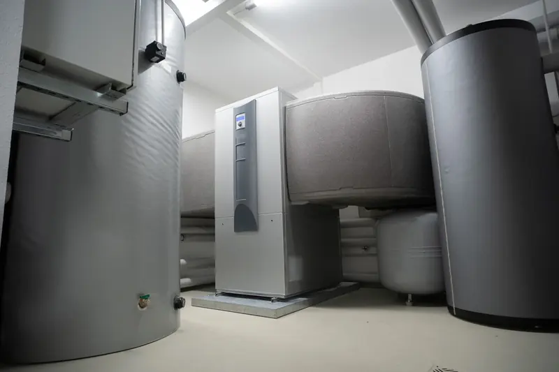 Insulated hot water cylinders and pipework in a plant room
