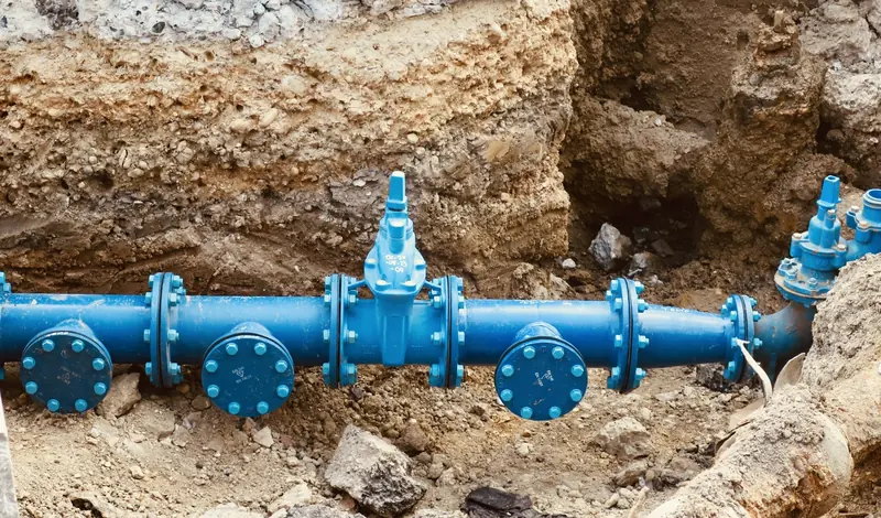 A water main with valves exposed in an excavated trench