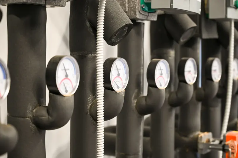 A row of pressure gauges on insulated pipes in a building plant room