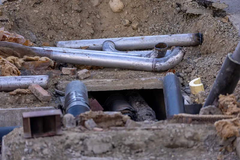 Old drain and sewer pipes exposed in an excavated trench